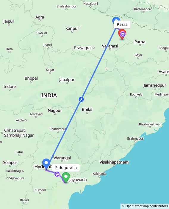 Route map showing distance and travel time from Piduguralla, India to Rasra, India