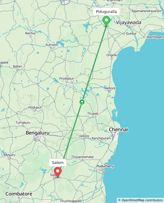 Route map showing distance and travel time from Piduguralla, India to Salem, India