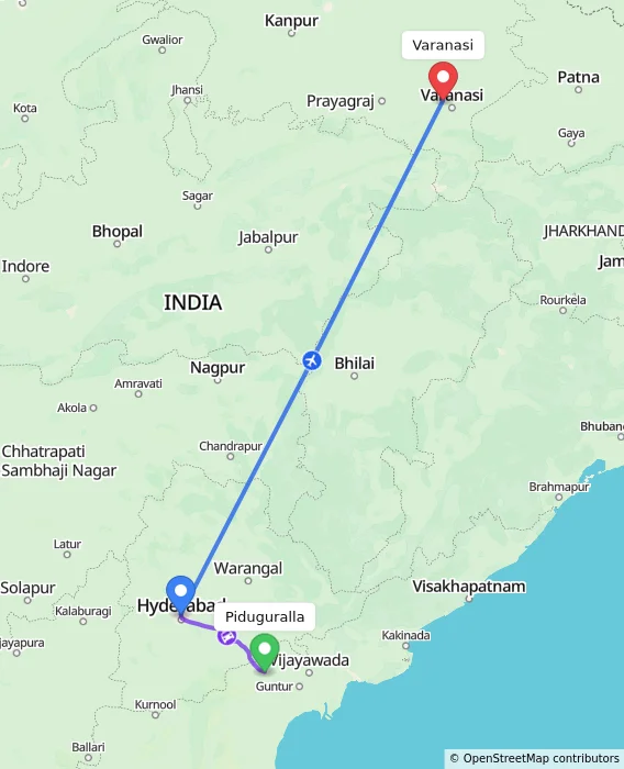 Route map showing distance and travel time from Piduguralla, India to Varanasi, India