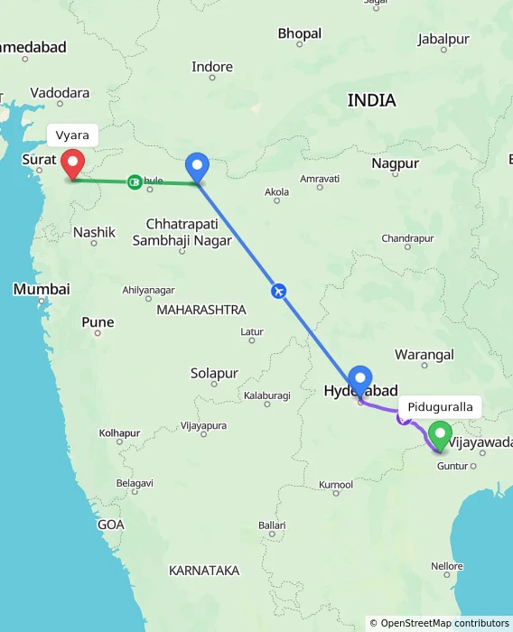 Route map showing distance and travel time from Piduguralla, India to Vyara, India
