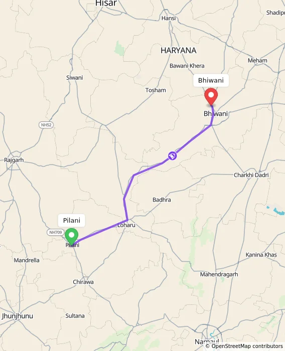 Route map showing distance and travel time from Pilani, India to Bhiwani, India