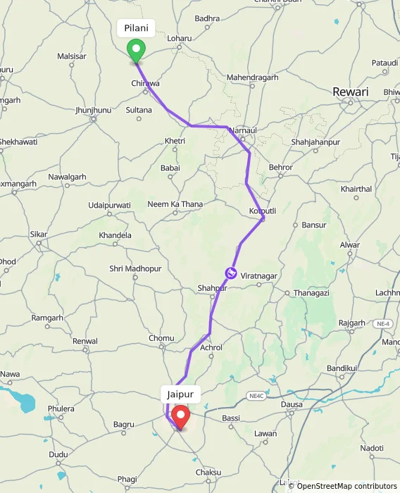 Route map showing distance and travel time from Pilani, India to Jaipur, India