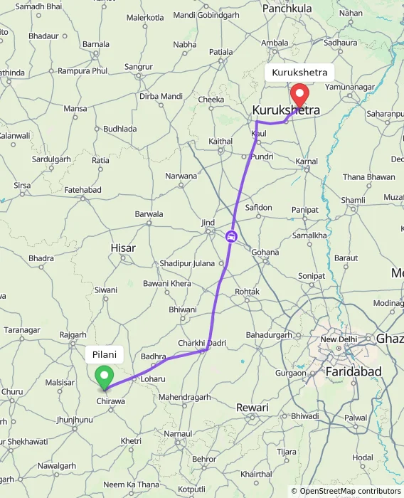 Route map showing distance and travel time from Pilani, India to Kurukshetra, India