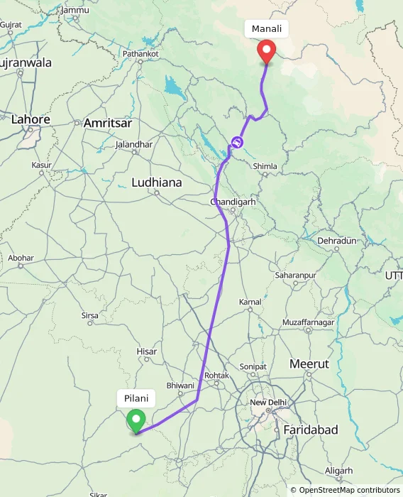 Route map showing distance and travel time from Pilani, India to Manali, India