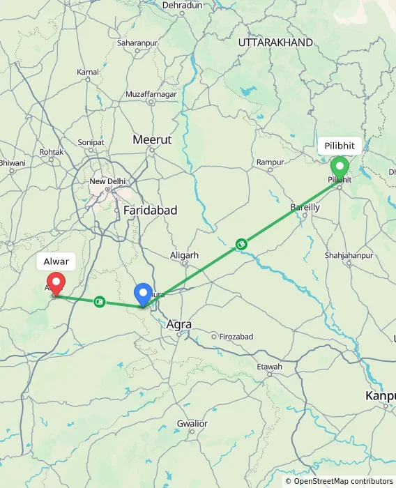 Route map showing distance and travel time from Pilibhit, India to Alwar, India