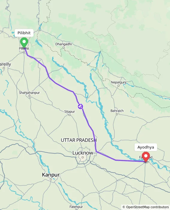 Route map showing distance and travel time from Pilibhit, India to Ayodhya, India