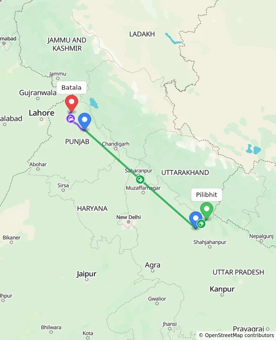 Route map showing distance and travel time from Pilibhit, India to Batala, India