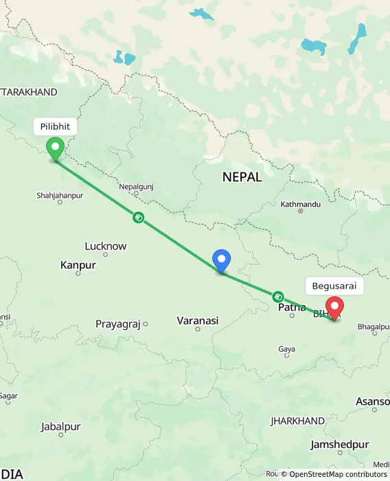 Route map showing distance and travel time from Pilibhit, India to Begusarai, India