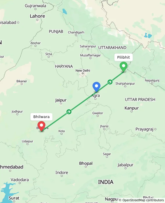 Route map showing distance and travel time from Pilibhit, India to Bhilwara, India