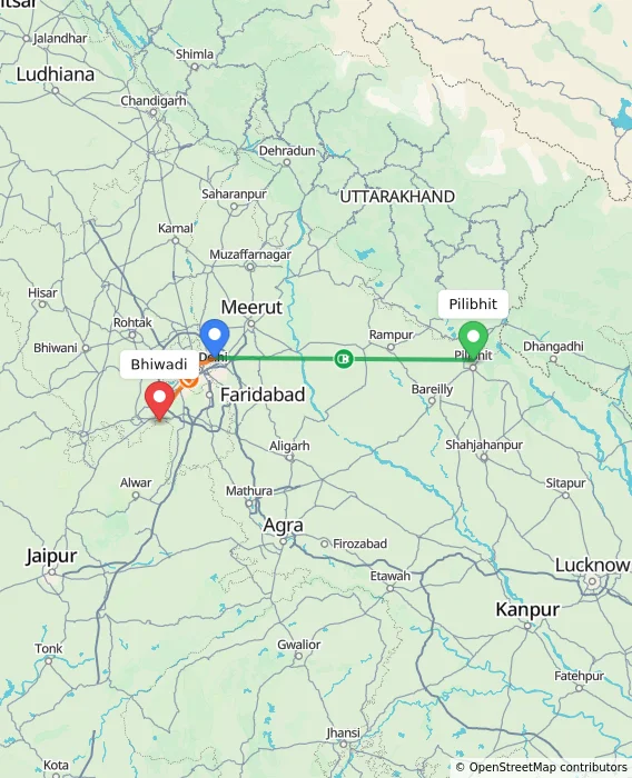 Route map showing distance and travel time from Pilibhit, India to Bhiwadi, India