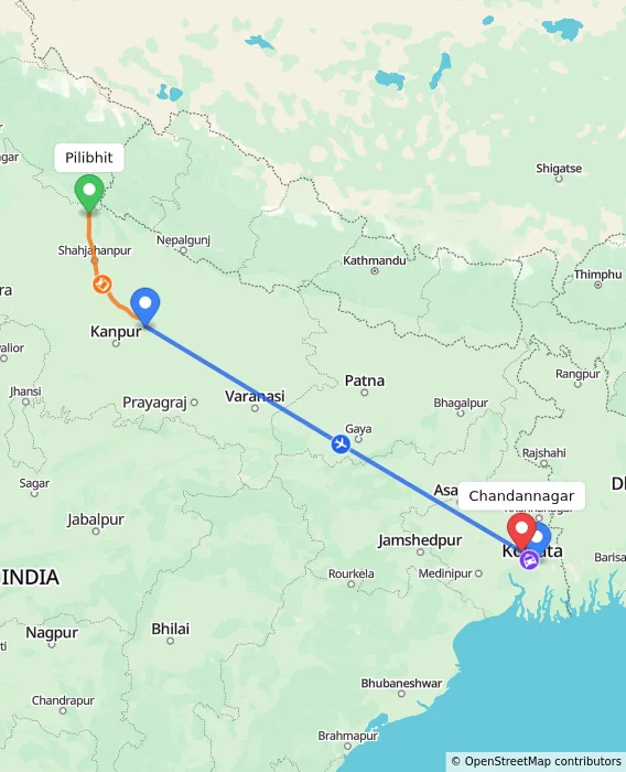 Route map showing distance and travel time from Pilibhit, India to Chandannagar, India