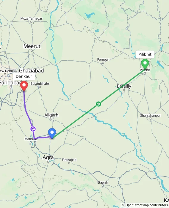 Route map showing distance and travel time from Pilibhit, India to Dankaur, India