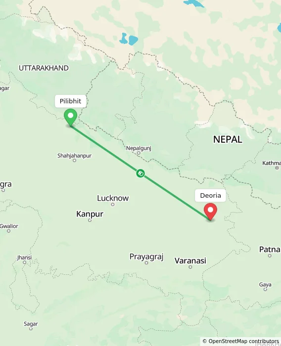 Route map showing distance and travel time from Pilibhit, India to Deoria, India