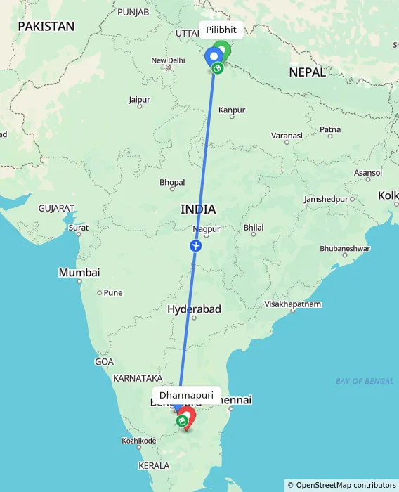 Route map showing distance and travel time from Pilibhit, India to Dharmapuri, India