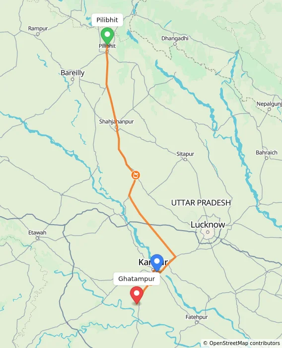 Route map showing distance and travel time from Pilibhit, India to Ghatampur, India