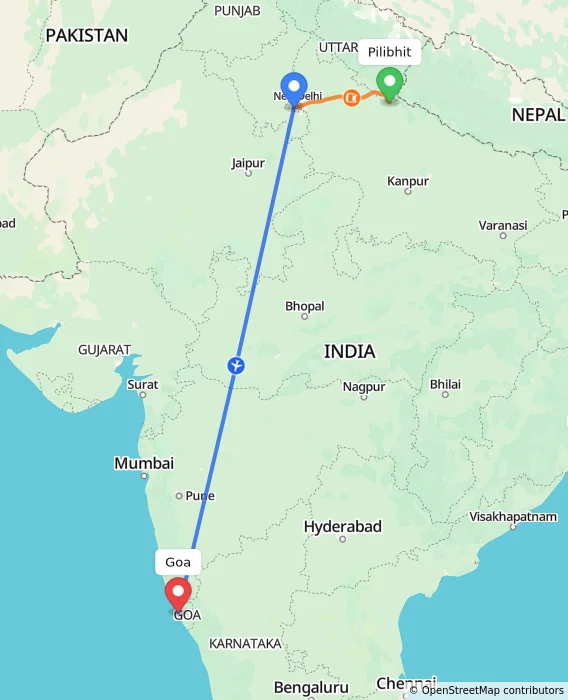 Route map showing distance and travel time from Pilibhit, India to Goa, India
