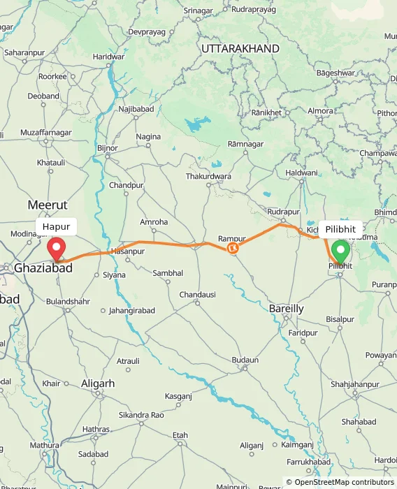 Route map showing distance and travel time from Pilibhit, India to Hapur, India