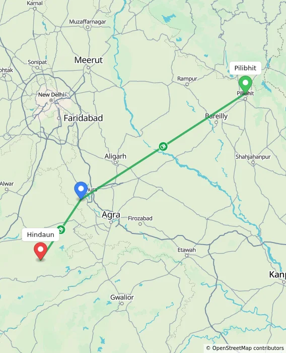 Route map showing distance and travel time from Pilibhit, India to Hindaun, India