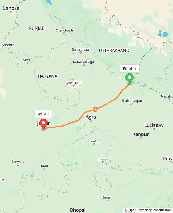 Route map showing distance and travel time from Pilibhit, India to Jaipur, India