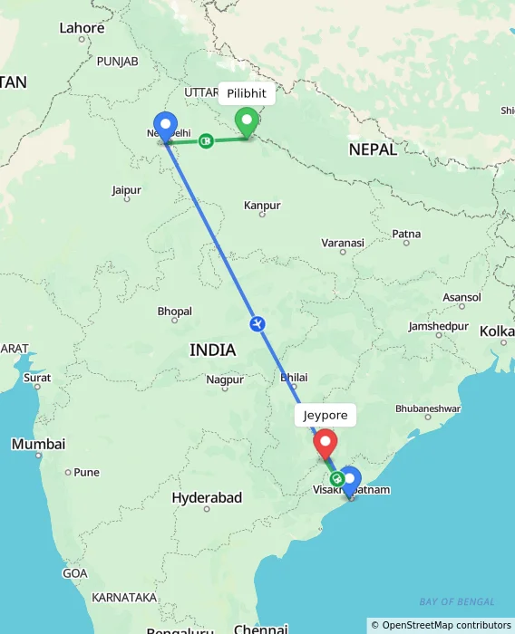 Route map showing distance and travel time from Pilibhit, India to Jeypore, India