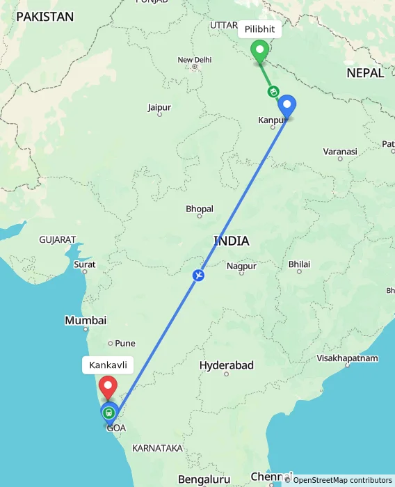 Route map showing distance and travel time from Pilibhit, India to Kankavli, India