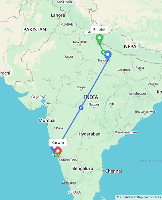 Route map showing distance and travel time from Pilibhit, India to Karwar, India