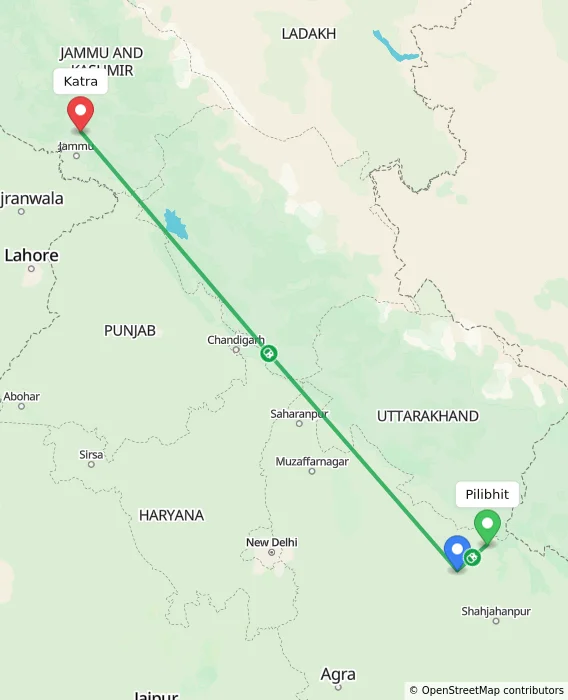 Route map showing distance and travel time from Pilibhit, India to Katra, India