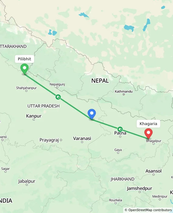 Route map showing distance and travel time from Pilibhit, India to Khagaria, India