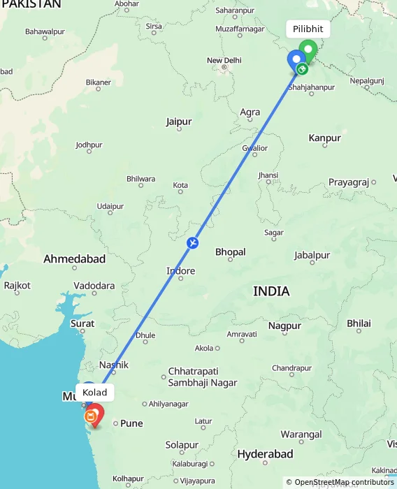 Route map showing distance and travel time from Pilibhit, India to Kolad, India