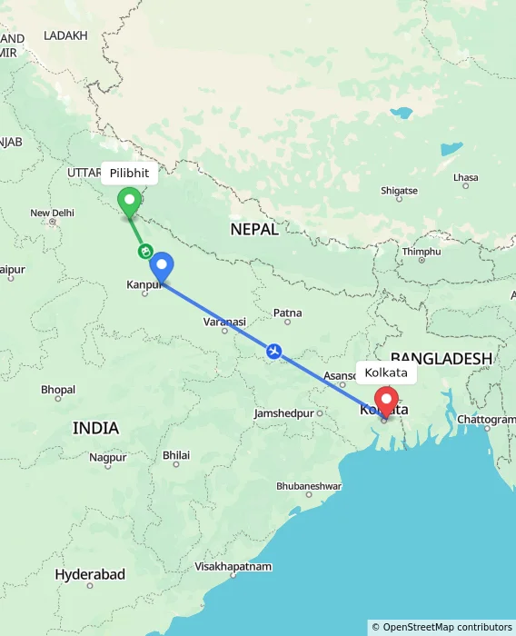 Route map showing distance and travel time from Pilibhit, India to Kolkata, India