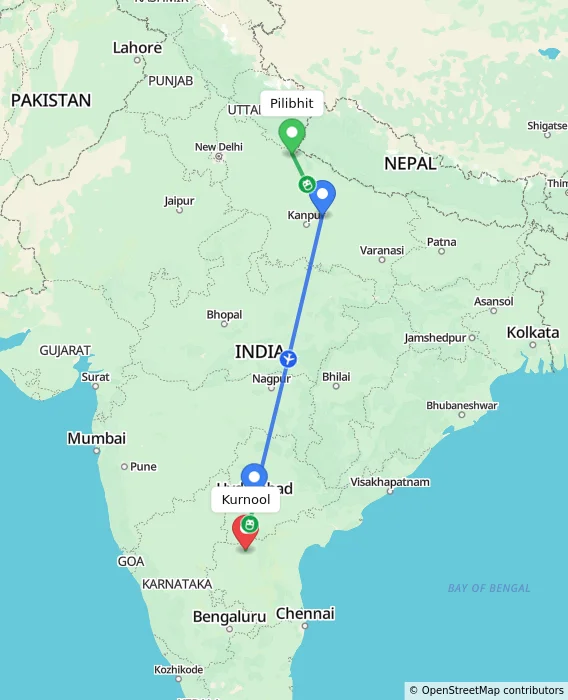 Route map showing distance and travel time from Pilibhit, India to Kurnool, India