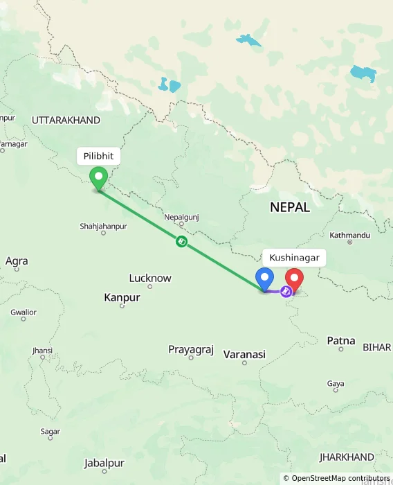 Route map showing distance and travel time from Pilibhit, India to Kushinagar, India