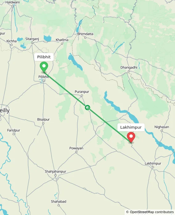 Route map showing distance and travel time from Pilibhit, India to Lakhimpur, India