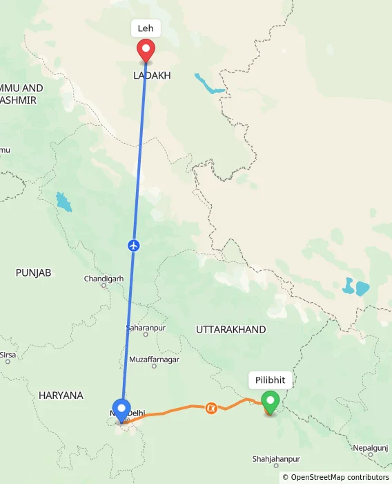 Route map showing distance and travel time from Pilibhit, India to Leh, India