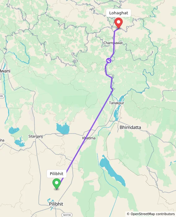 Route map showing distance and travel time from Pilibhit, India to Lohaghat, India