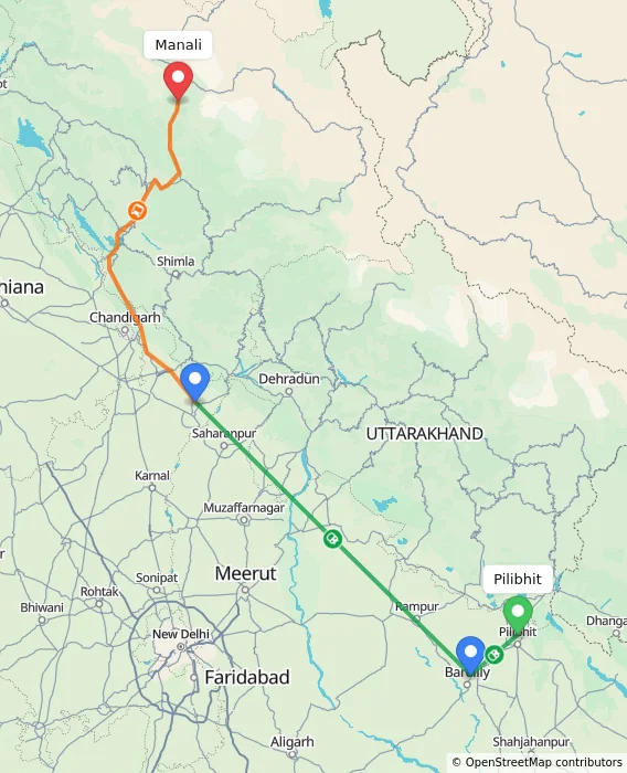 Route map showing distance and travel time from Pilibhit, India to Manali, India