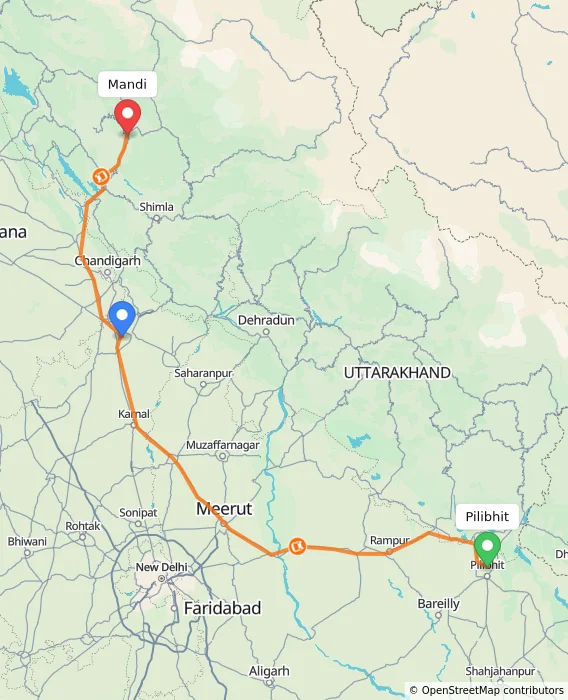 Route map showing distance and travel time from Pilibhit, India to Mandi, India