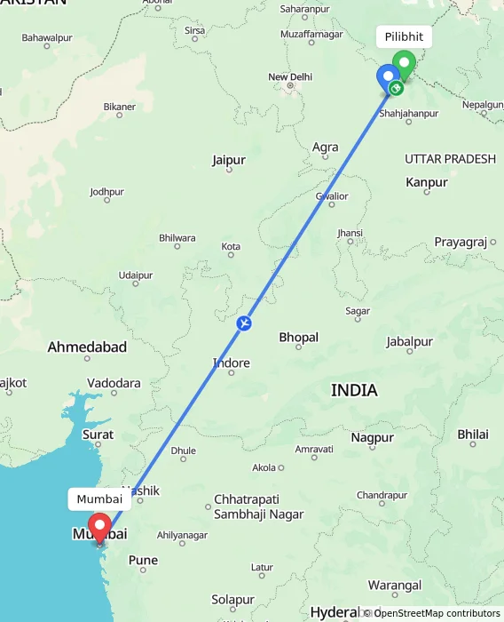 Route map showing distance and travel time from Pilibhit, India to Mumbai, India