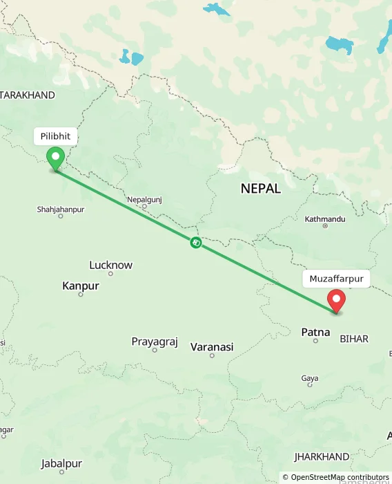 Route map showing distance and travel time from Pilibhit, India to Muzaffarpur, India