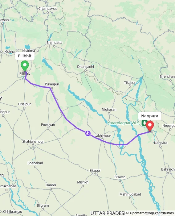 Route map showing distance and travel time from Pilibhit, India to Nanpara, India