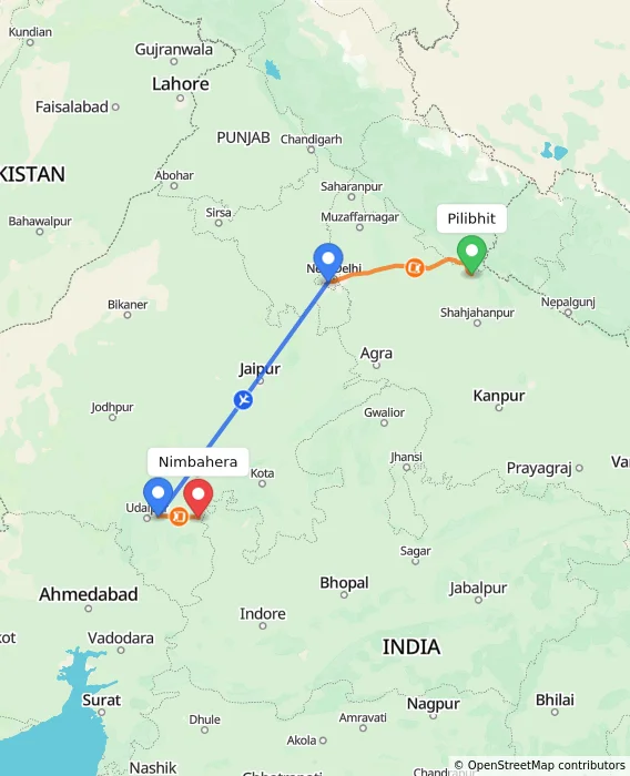 Route map showing distance and travel time from Pilibhit, India to Nimbahera, India