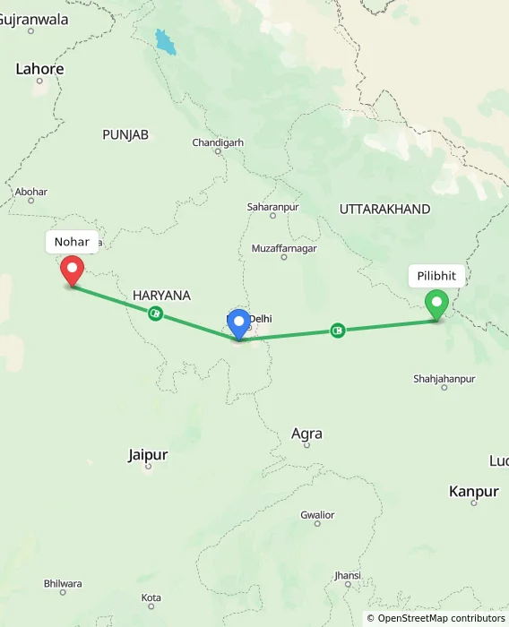 Route map showing distance and travel time from Pilibhit, India to Nohar, India