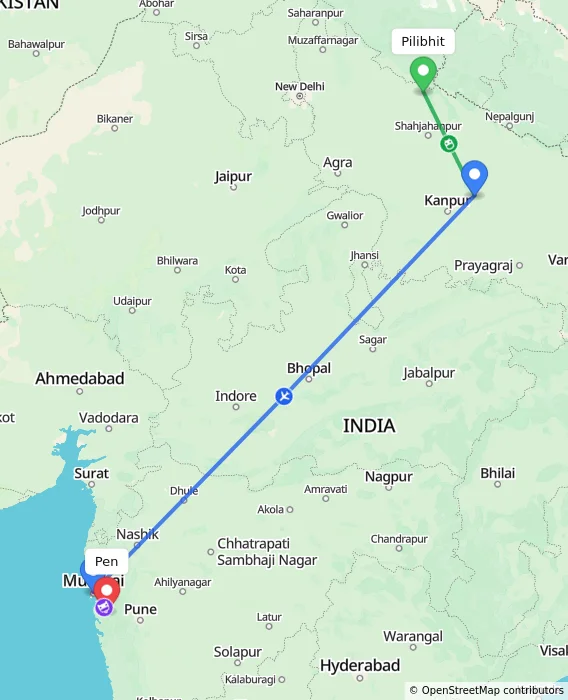 Route map showing distance and travel time from Pilibhit, India to Pen, India