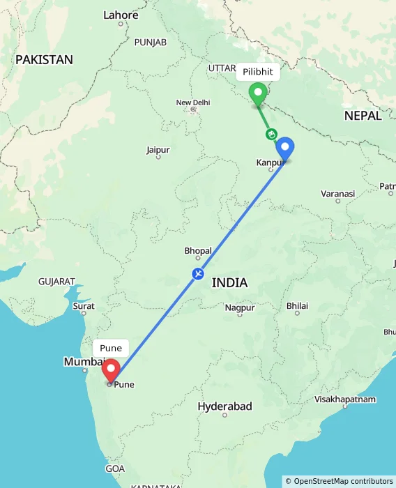 Route map showing distance and travel time from Pilibhit, India to Pune, India