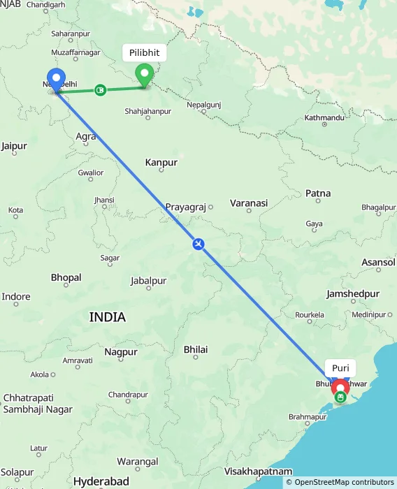 Route map showing distance and travel time from Pilibhit, India to Puri, India