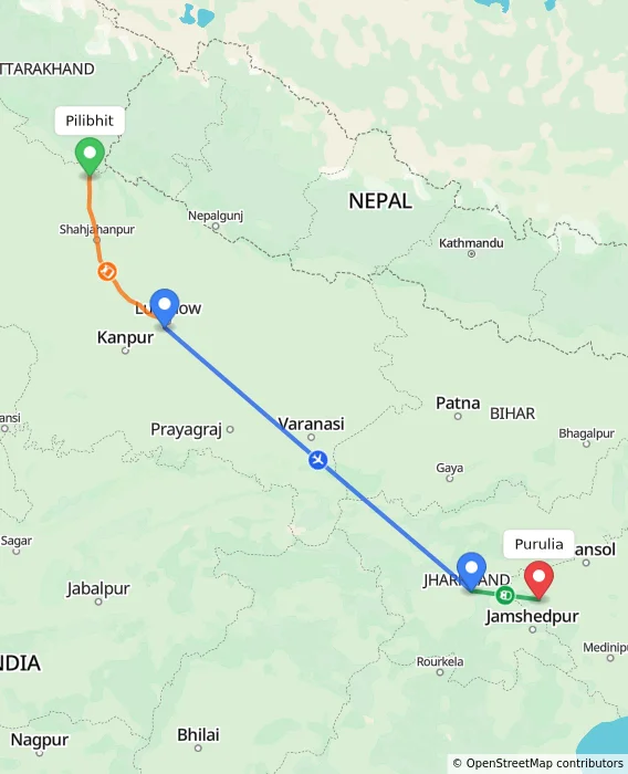 Route map showing distance and travel time from Pilibhit, India to Purulia, India