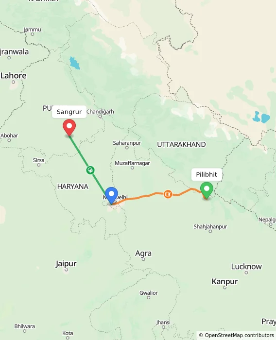 Route map showing distance and travel time from Pilibhit, India to Sangrur, India