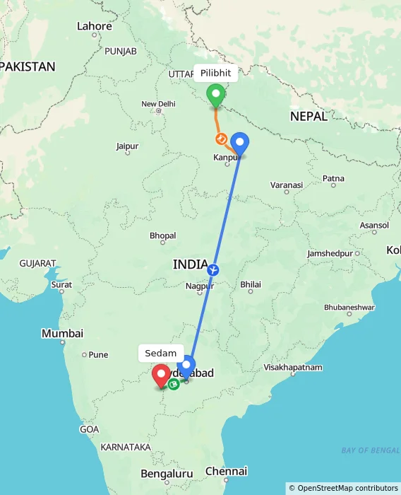 Route map showing distance and travel time from Pilibhit, India to Sedam, India