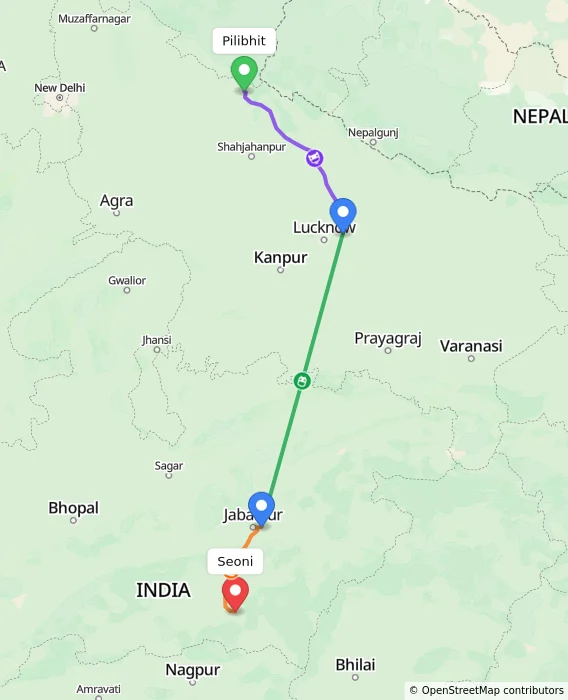 Route map showing distance and travel time from Pilibhit, India to Seoni, India