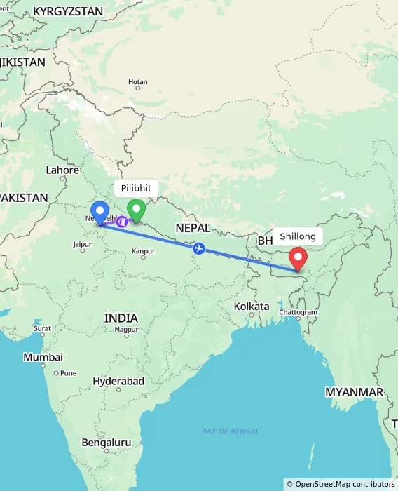 Route map showing distance and travel time from Pilibhit, India to Shillong, India